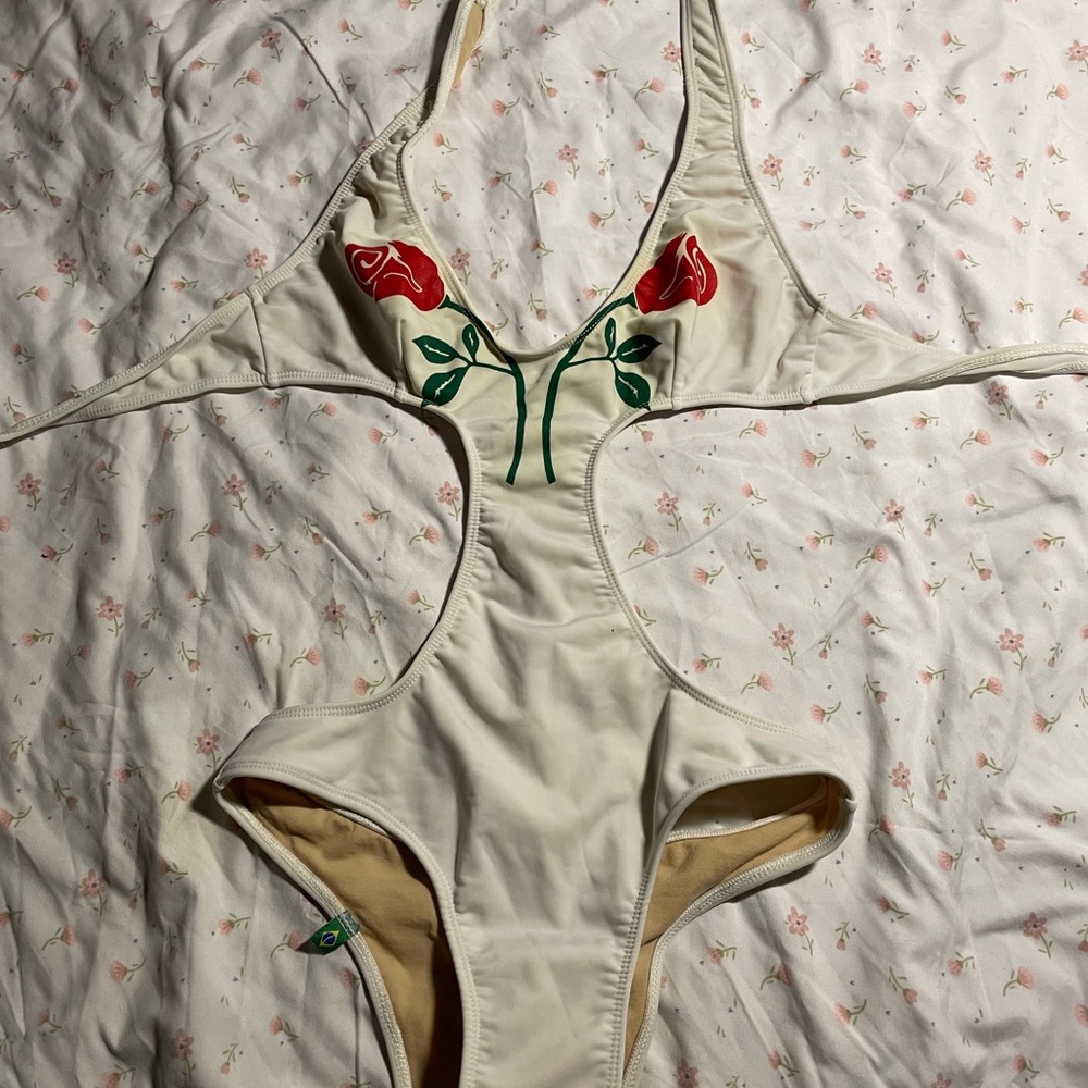 Cream Swimsuit with Red Rose Design